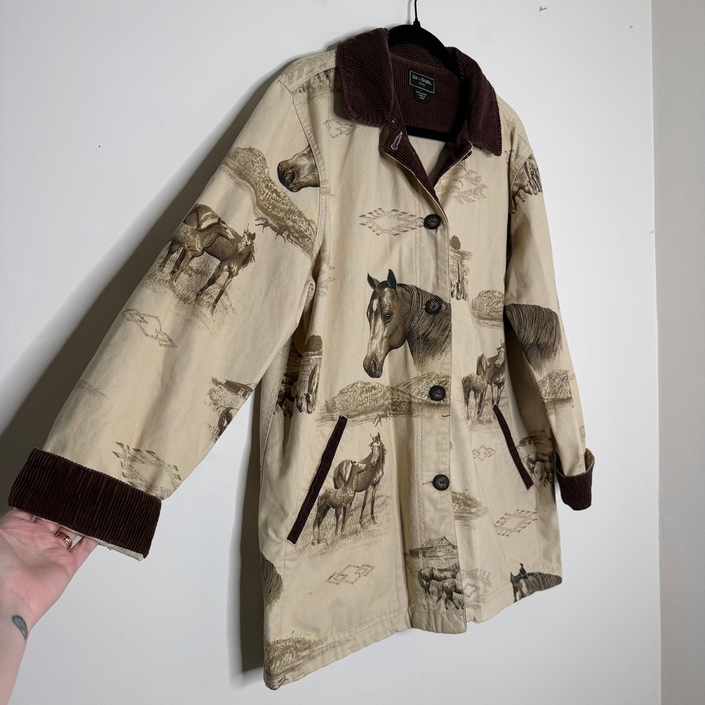 Vintage Bit & Bridle Western Horse Print Barn Jacket Tan Corduroy Trim Sz Large - Picture 4 of 11